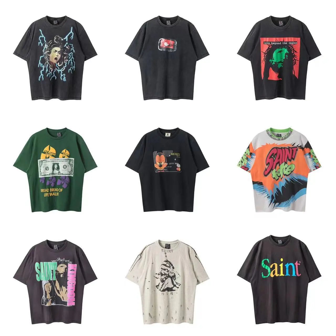 Hip-hop American new style retro washed old graffiti loose and versatile round neck short-sleeved T-shirt for men and women  